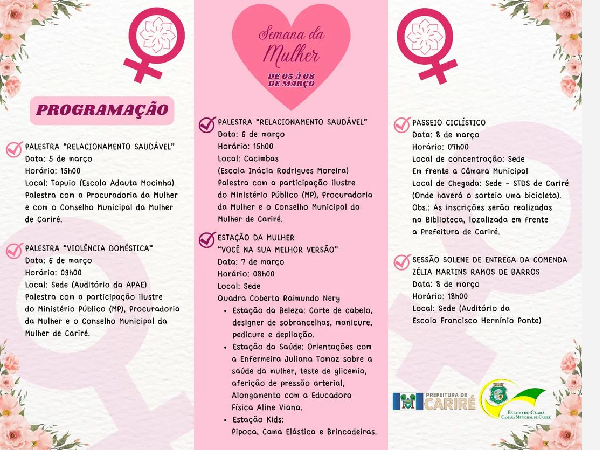 ROGRAMAÇÃO COMPLETA DA SEMANA DA MULHER